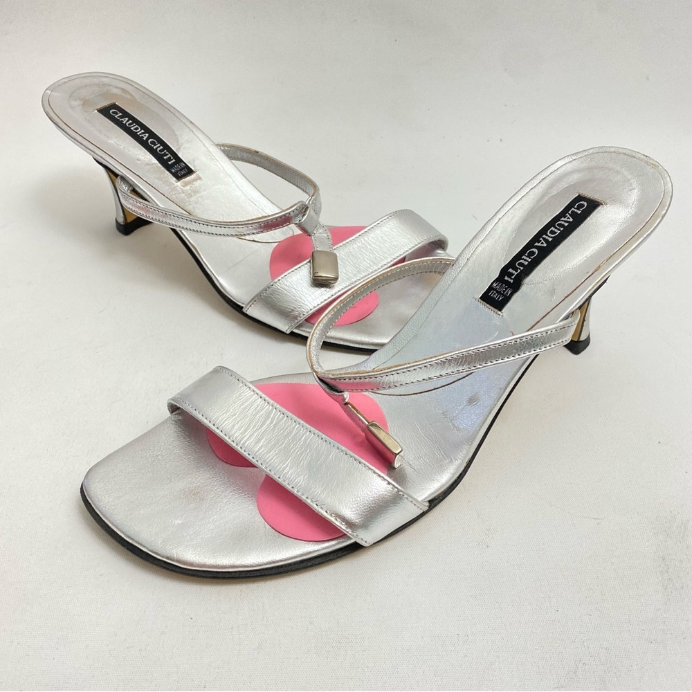 Claudia Ciuti Silver Kitten Heels Sandals 6 M Womens Slip On Made In Italy